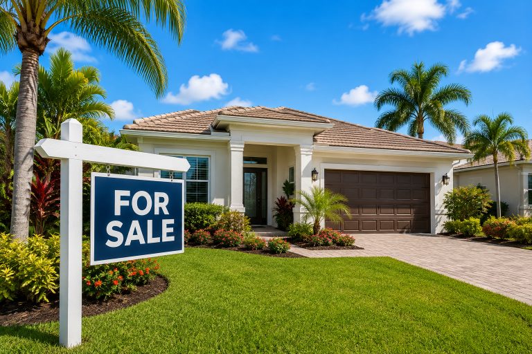 A modern Southwest Florida house with a for sale sign in the yard.