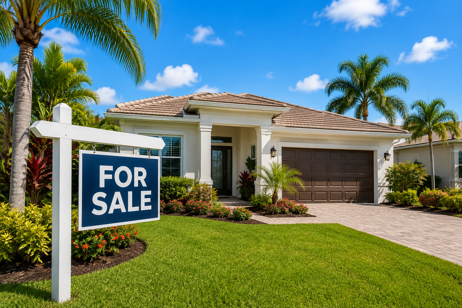 A modern Southwest Florida house with a for sale sign in the yard.