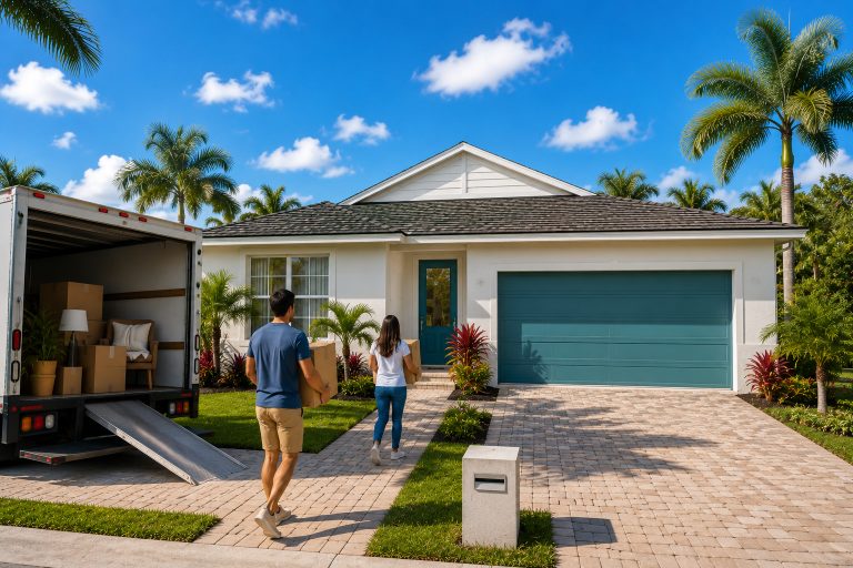 A family unpacking boxes in a new home.
