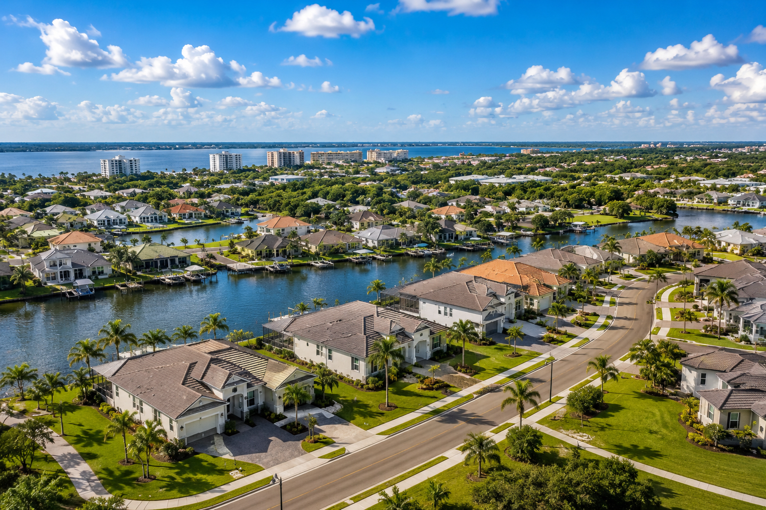 Aerial view of Punta Gorda and its canals on Charlotte Harbor.