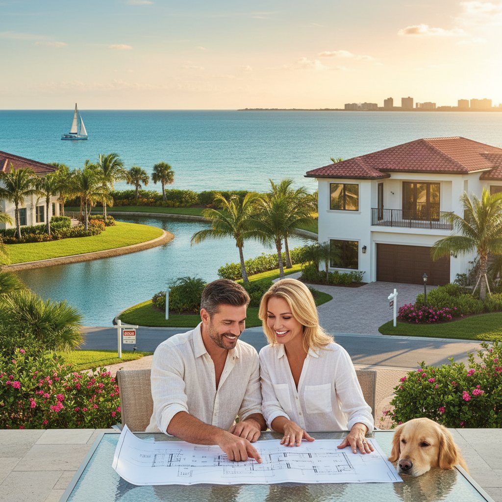 A modern house with a blue sky and palm trees in Southwest Florida.